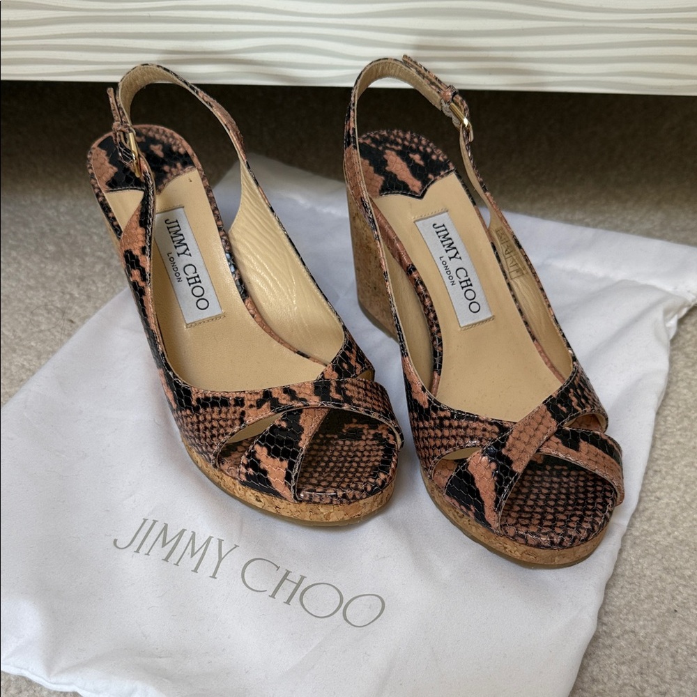 Jimmy Choo Brown & Black Snake-Print Cork Wedge Sandals